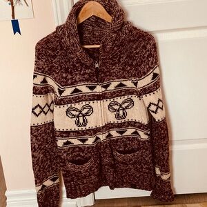 TNA burgundy and Cream Zip-Up Fair Isle Knit Cardigan